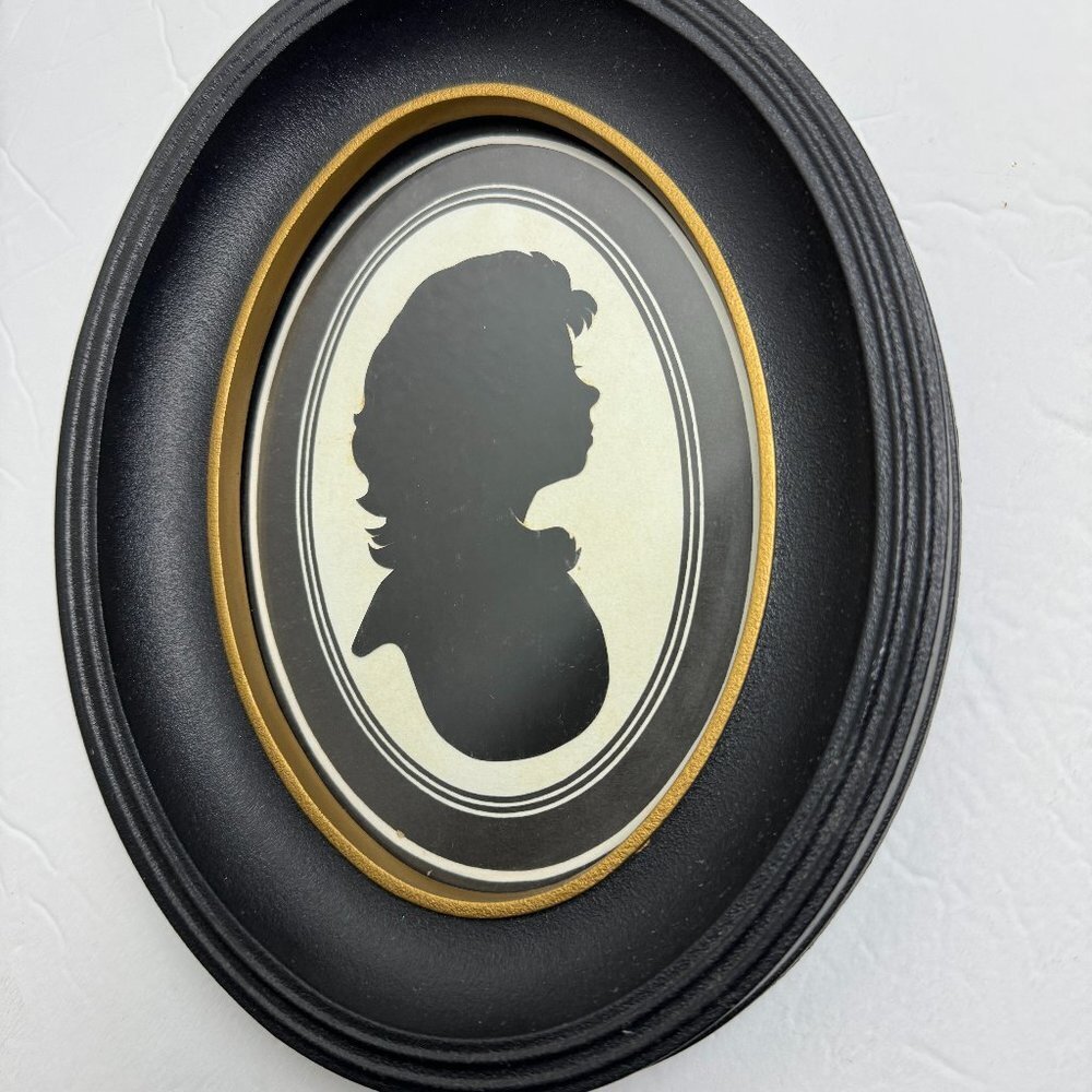 Vintage 60s Silhouette Black and White Picture  Lady Oval Frame